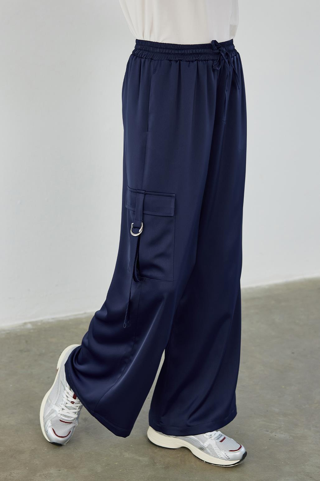 Milena Satin Cargo Pocket Trousers Navy Blue