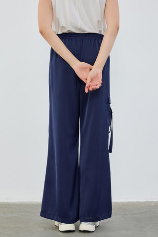 Milena Satin Cargo Pocket Trousers Navy Blue