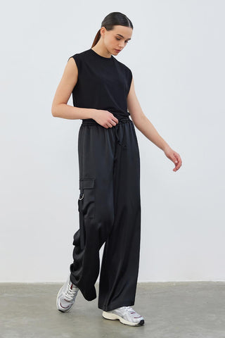 Milena Satin Cargo Pocket Trousers Black