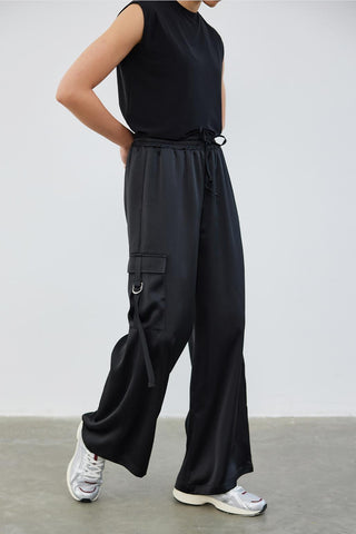 Milena Satin Cargo Pocket Trousers Black