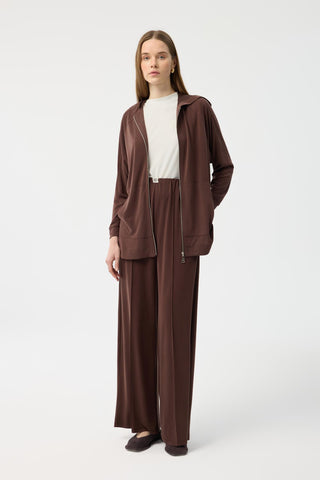 Modal Cupra Zip Up Cardigan Set Brown