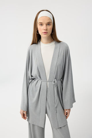 Modal Cupra Wide Pleated Trousers Midi Abaya Set Grey Melange