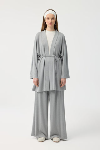 Modal Cupra Wide Pleated Trousers Midi Abaya Set Grey Melange