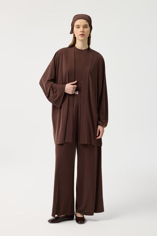Modal Cupra Wide Pleated Trousers Midi Abaya Set Brown