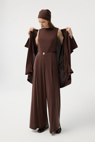Modal Cupra Wide Pleated Trousers Midi Abaya Set Brown
