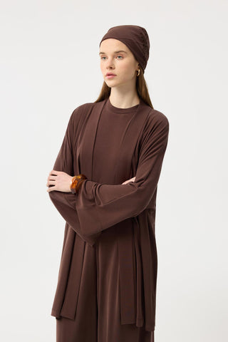 Modal Cupra Wide Pleated Trousers Midi Abaya Set Brown