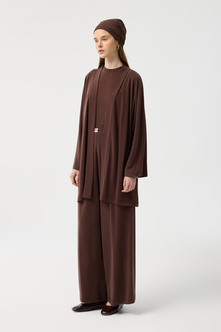 Modal Cupra Wide Pleated Trousers Midi Abaya Set Brown