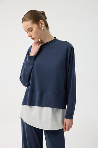 Modal Cupra Slit Detail Cropped Sweatshirt Navy