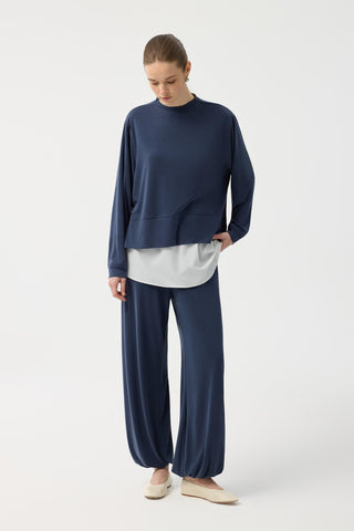 Modal Cupra Slit Detail Cropped Sweatshirt Navy