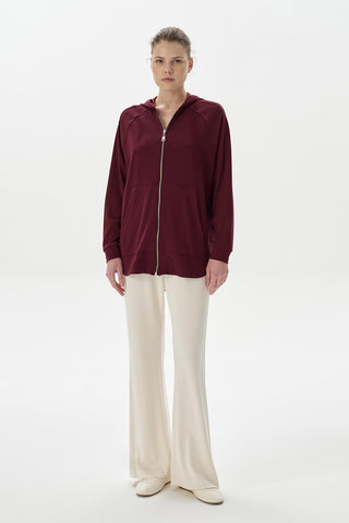 Modal Knit Hooded Oversized Cardigan Burgundy