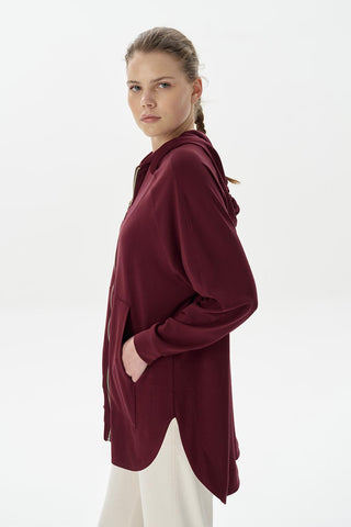 Modal Knit Hooded Oversized Cardigan Burgundy
