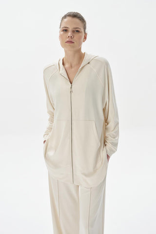 Modal Knit Hooded Oversized Cardigan Ecru