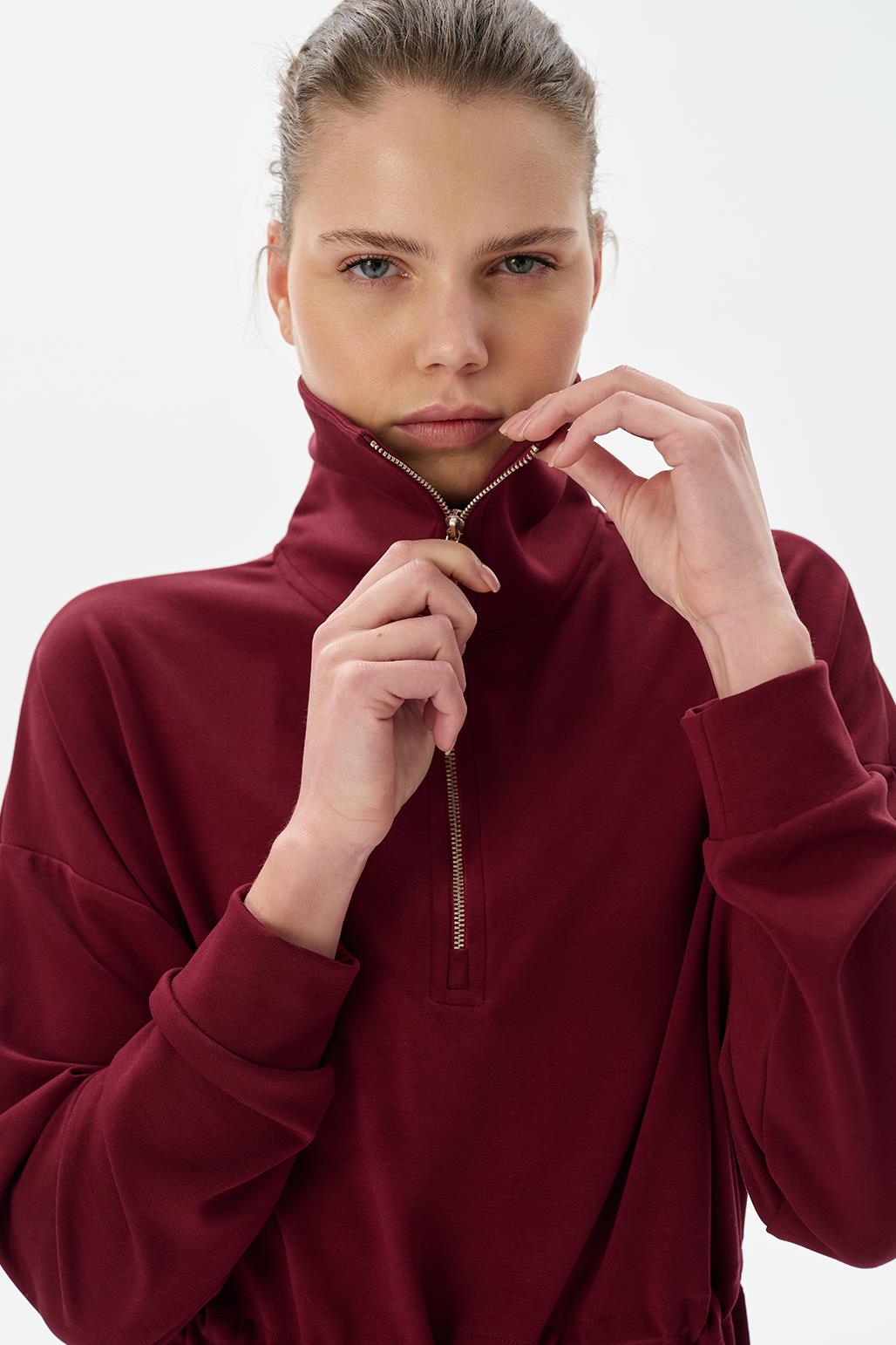 Modal Knit Zippered Sweatshirt Burgundy