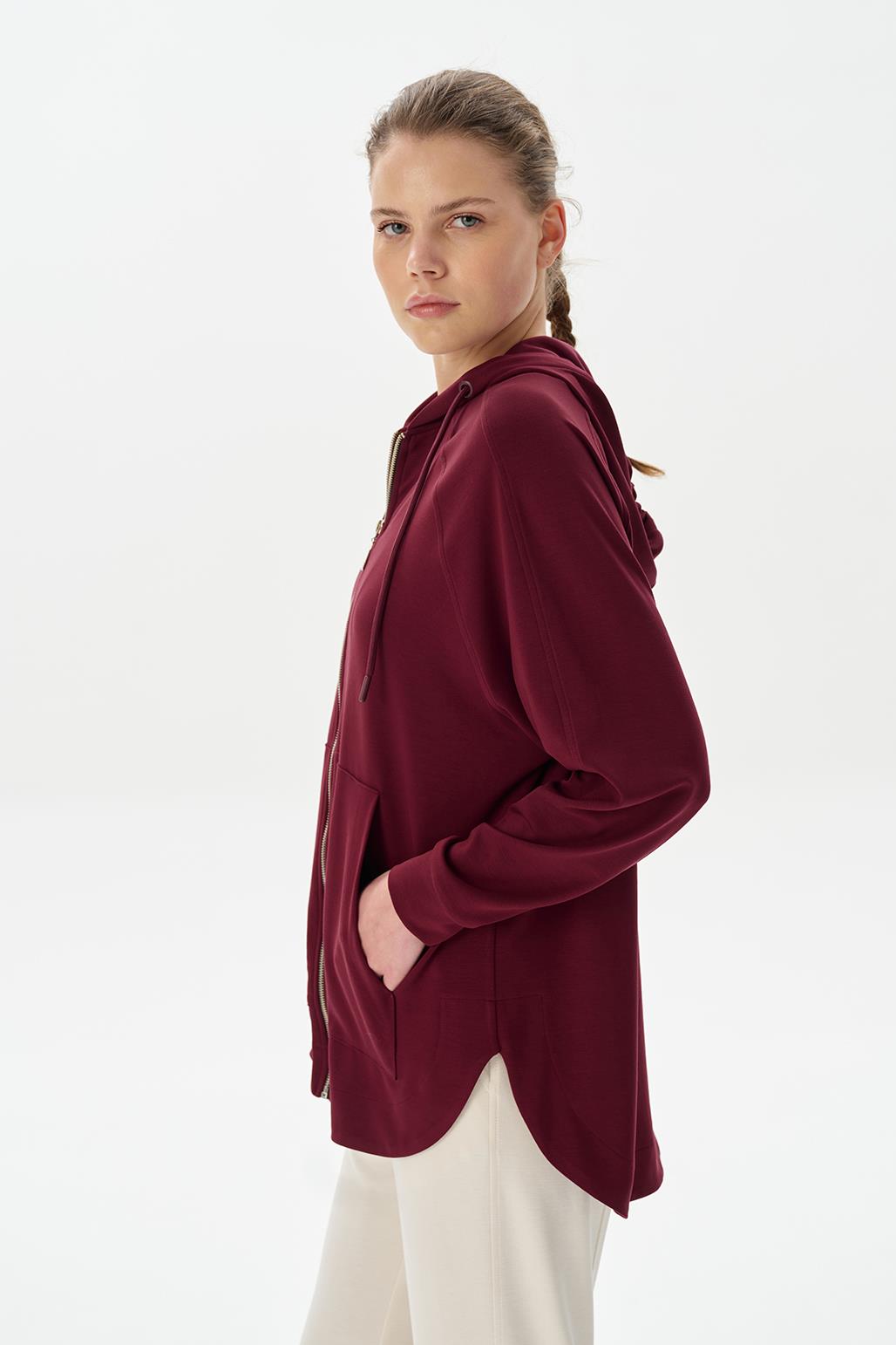 Modal Knit Hooded Oversized Cardigan Burgundy