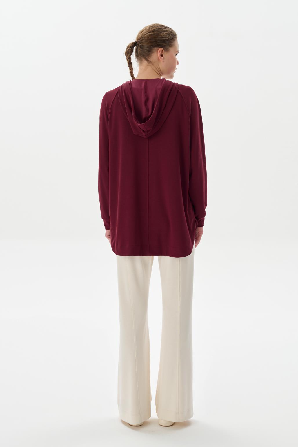 Modal Knit Hooded Oversized Cardigan Burgundy