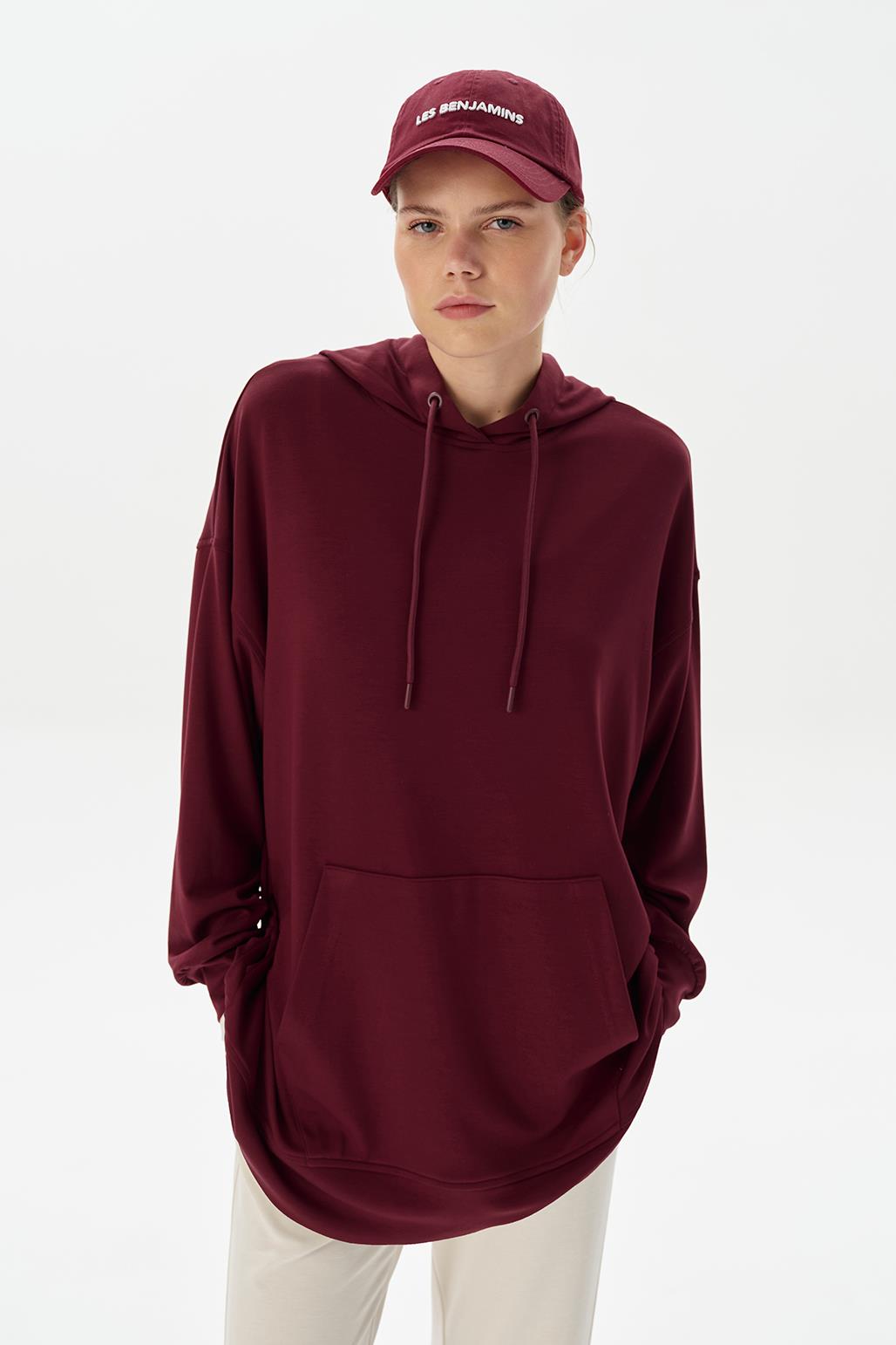 Modal Knit Hooded Oversized Sweatshirt Burgundy