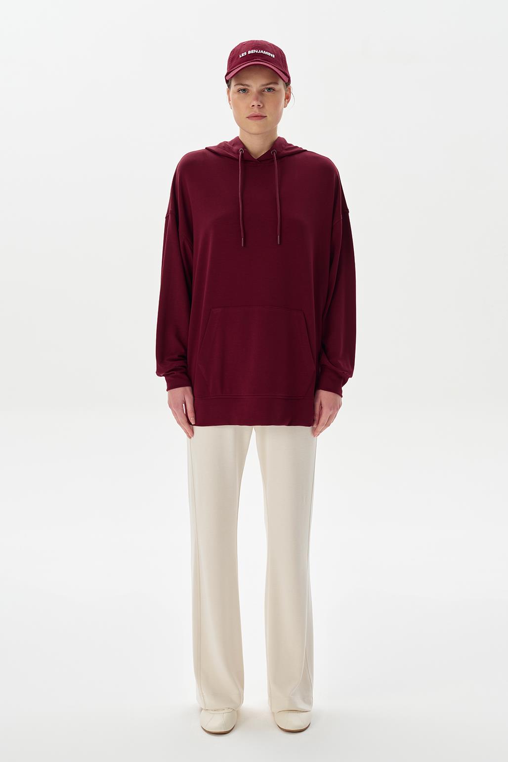 Modal Knit Hooded Oversized Sweatshirt Burgundy