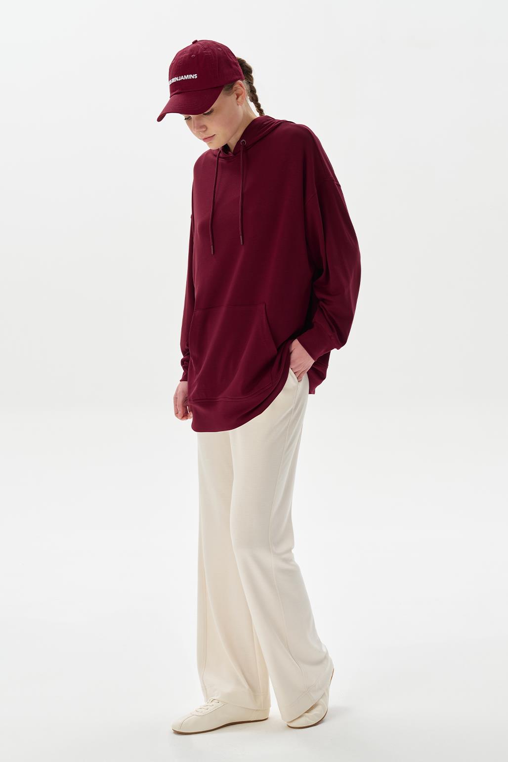 Modal Knit Hooded Oversized Sweatshirt Burgundy