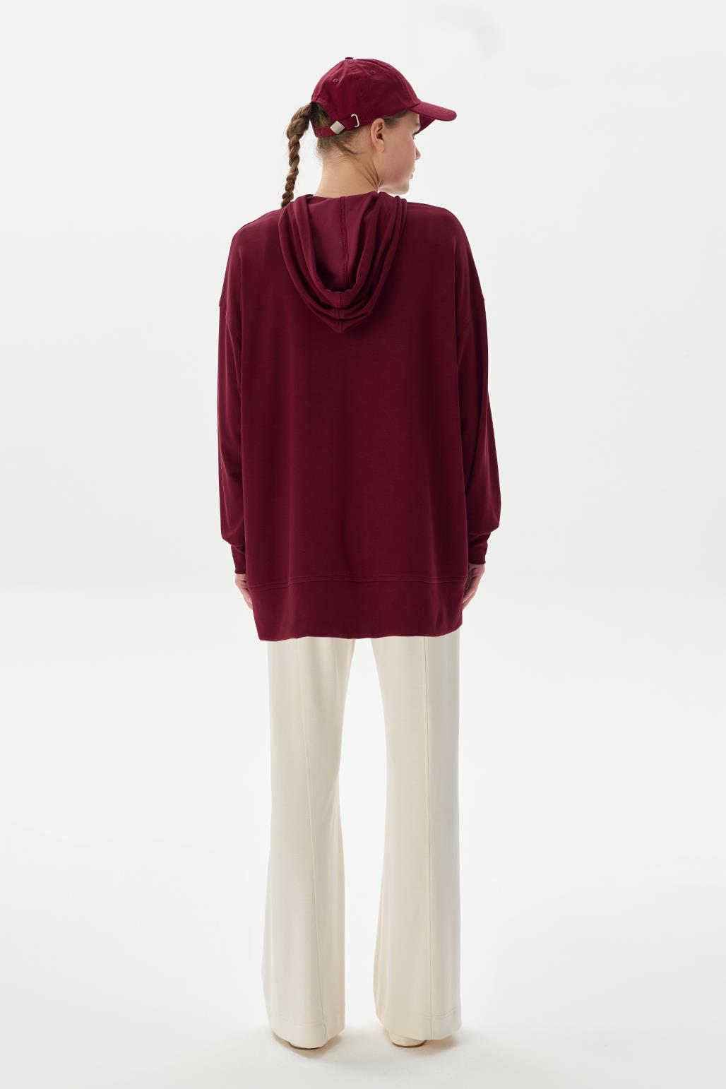 Modal Knit Hooded Oversized Sweatshirt Burgundy