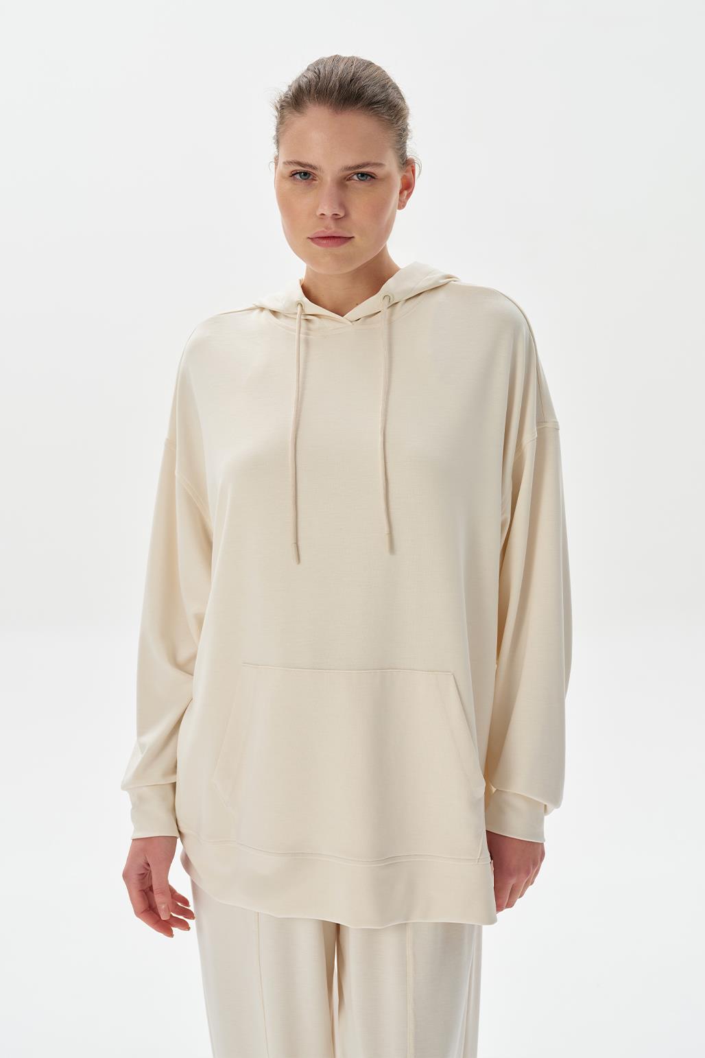 Modal Knit Hooded Oversized Sweatshirt Ecru