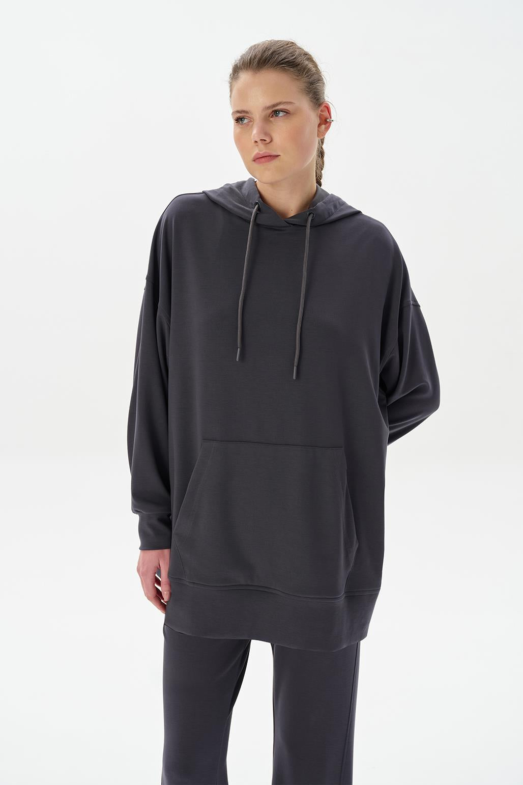 Modal Knit Hooded Oversized Sweatshirt Charcoal