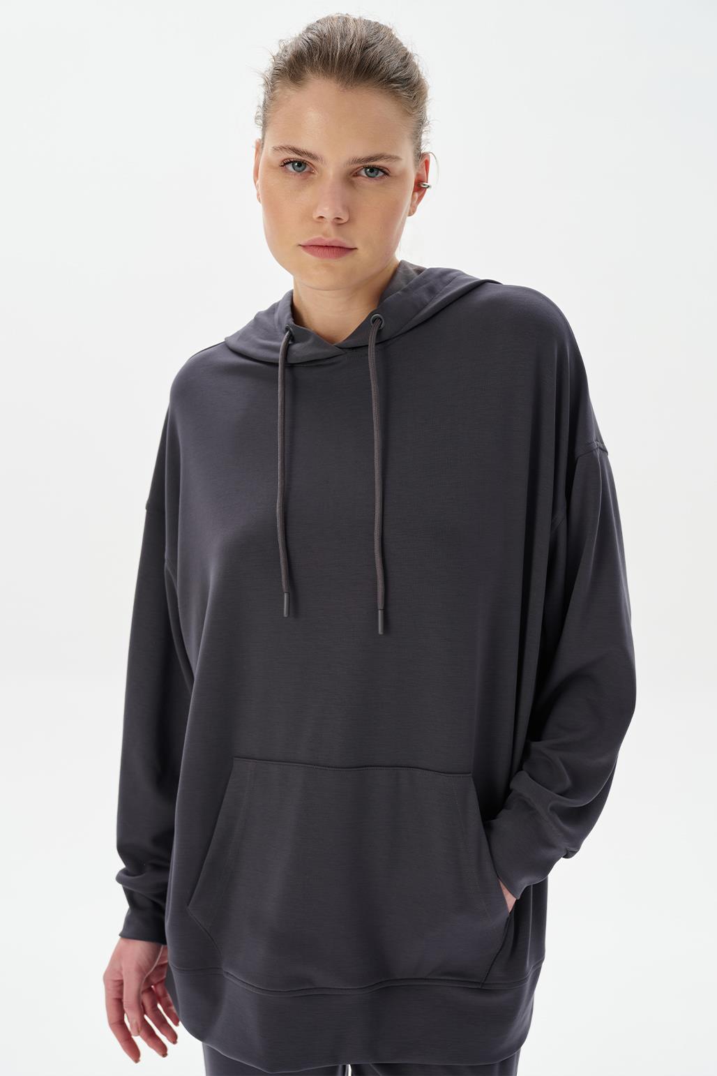 Modal Knit Hooded Oversized Sweatshirt Charcoal