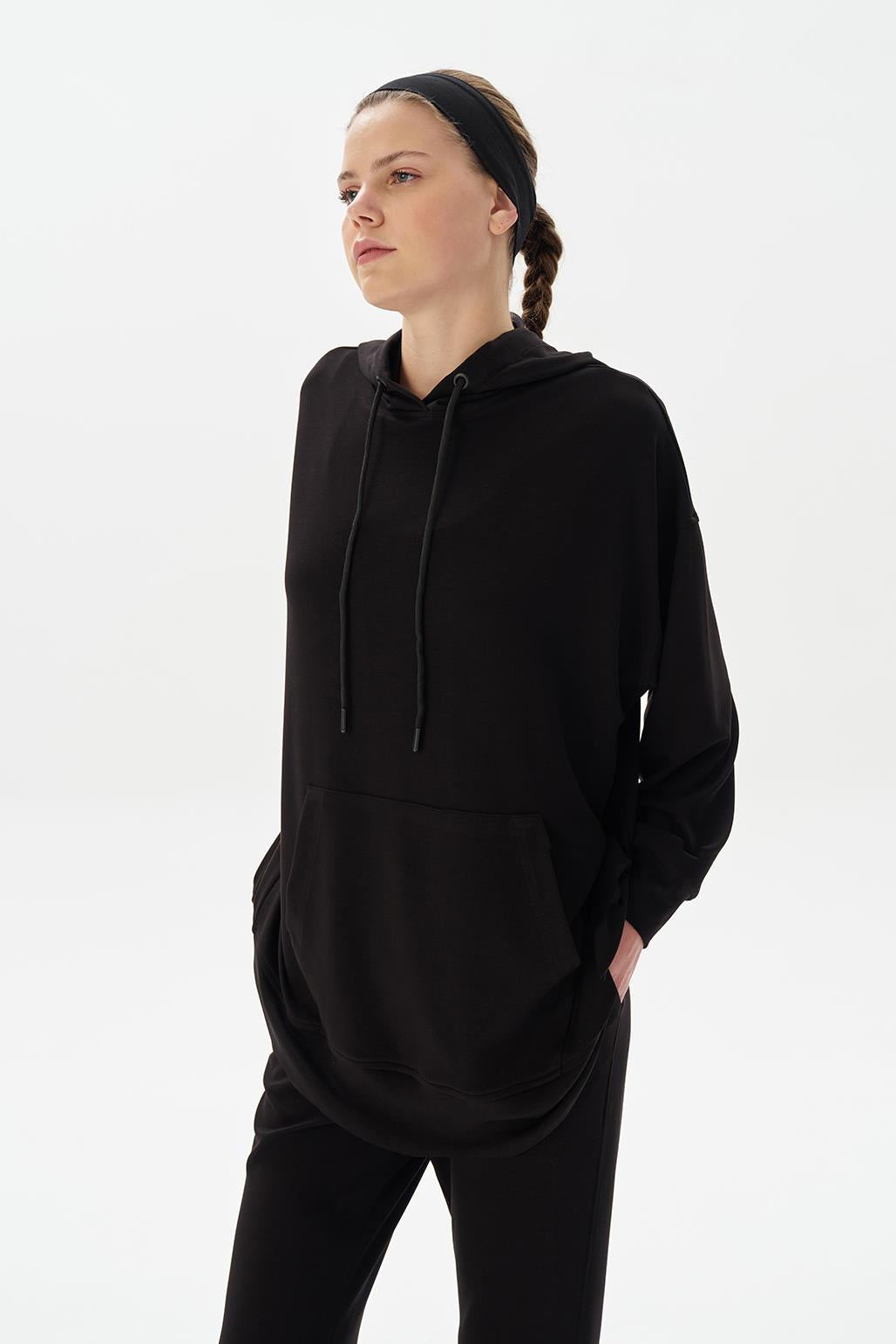 Modal Knit Hooded Oversized Sweatshirt Black