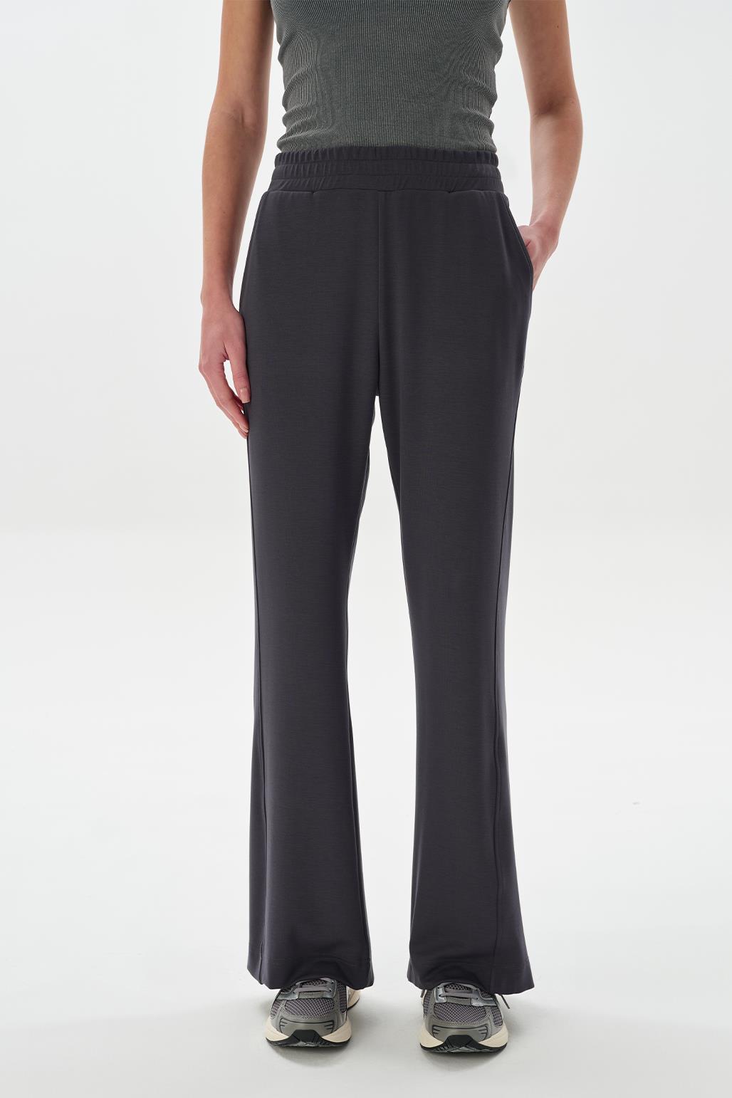 Modal Knit Pleated Flare Trousers Charcoal