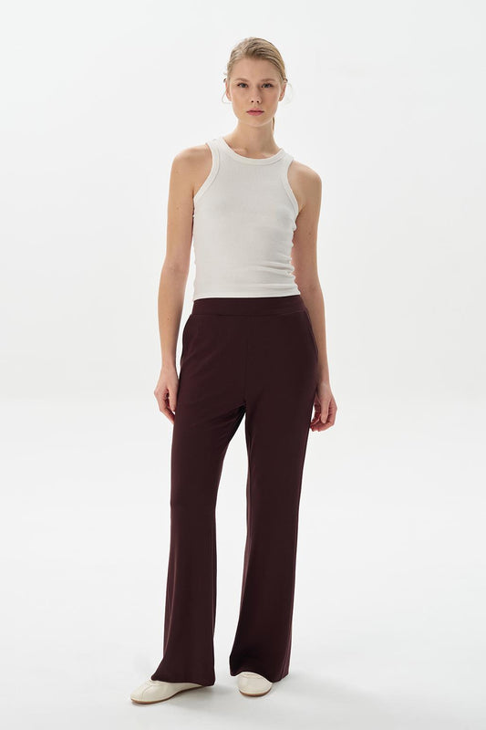 Modal Knit Pleated Flare Trousers Brown