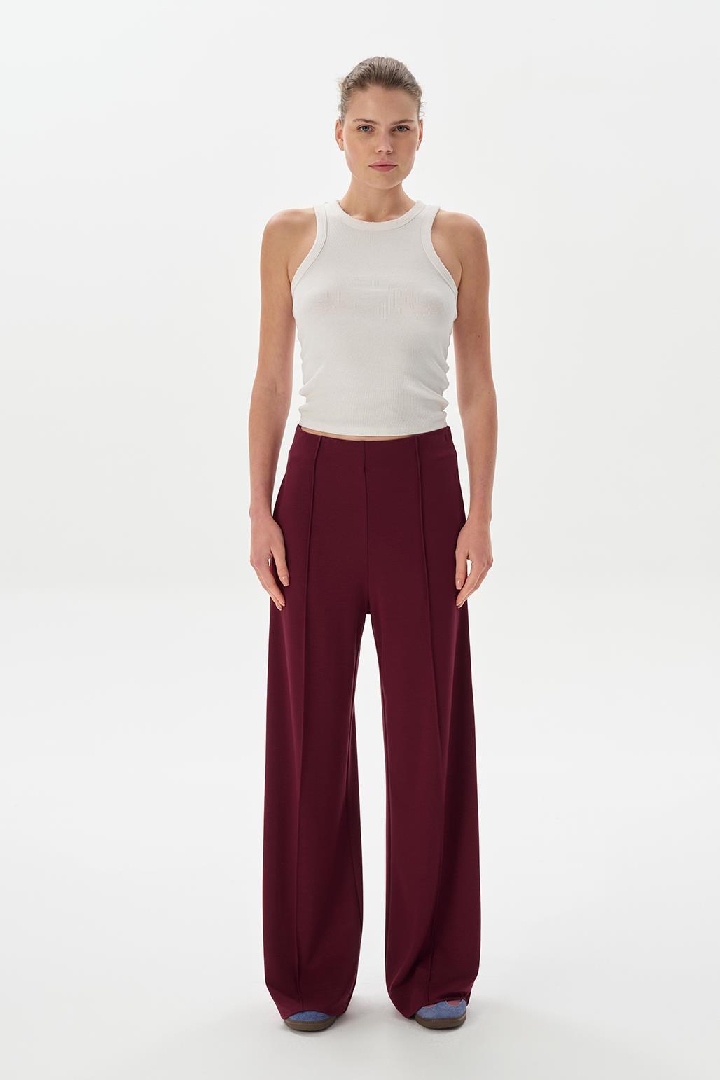 Modal Knit Front Seam Trousers Burgundy