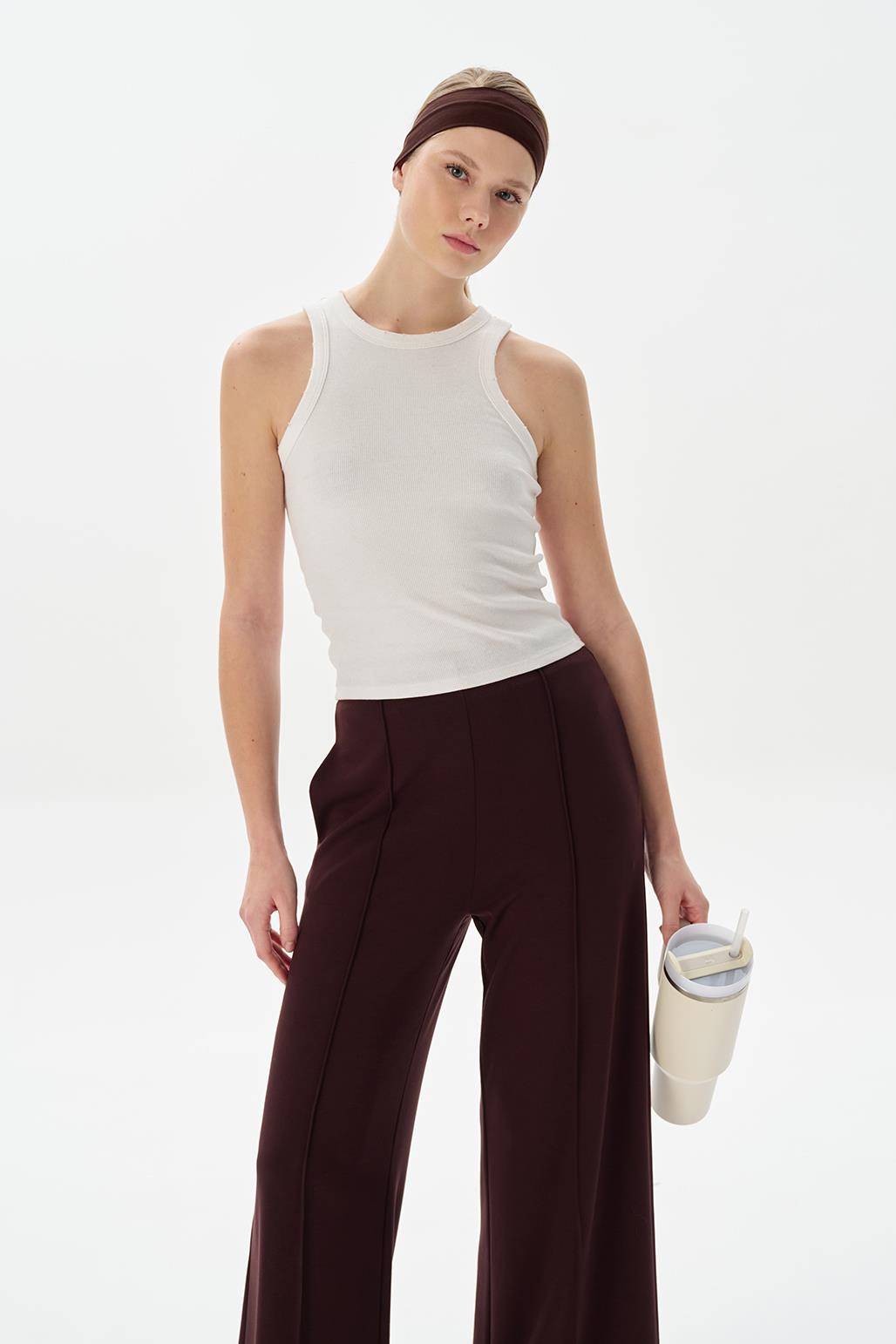 Modal Knit Front Seam Trousers Brown