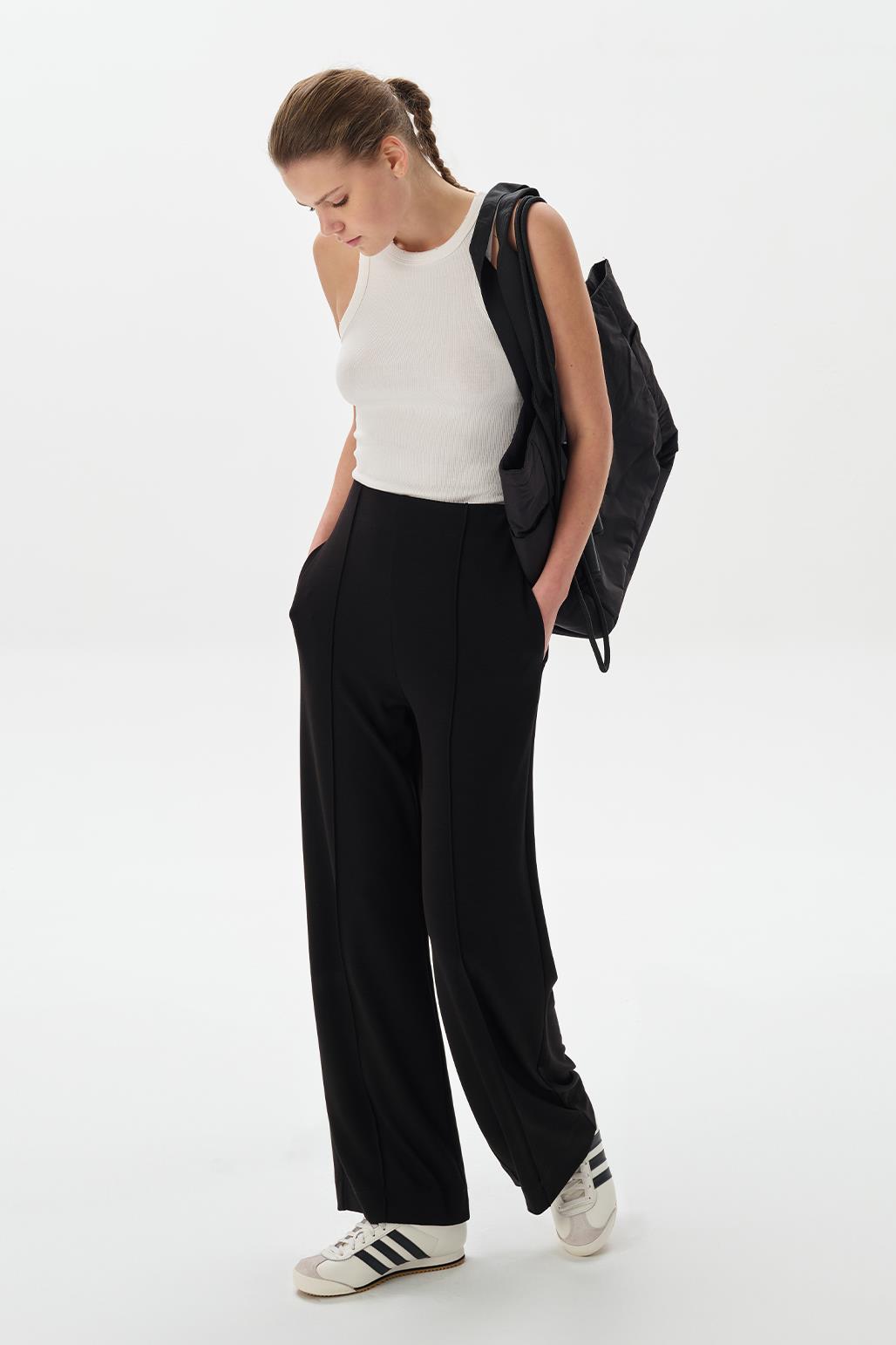 Modal Knit Front Seam Trousers Black