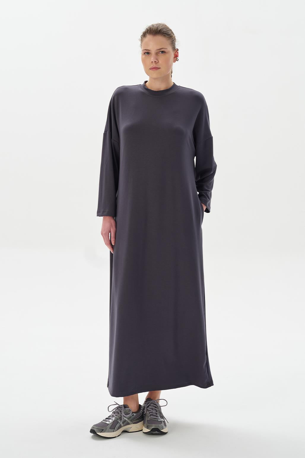 Modal Knit Long Basic Dress Charcoal