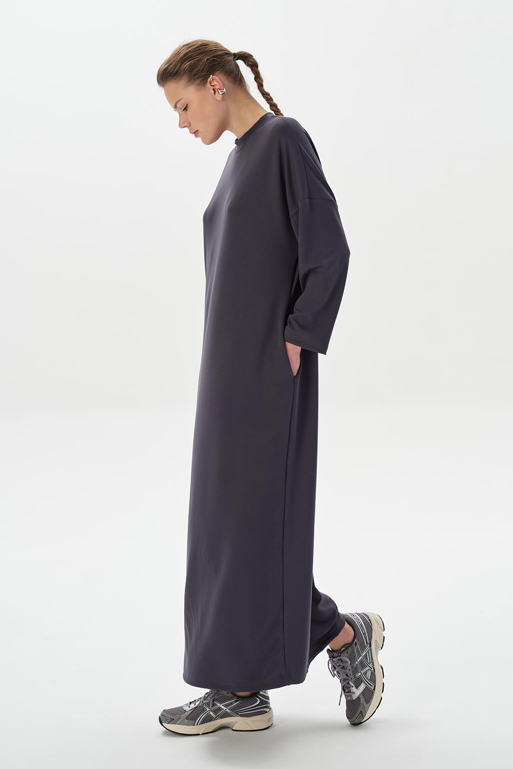 Modal Knit Long Basic Dress Charcoal