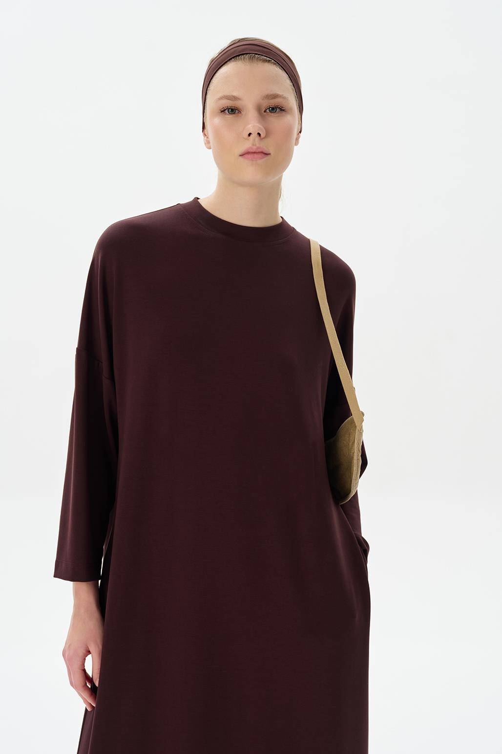 Modal Knit Long Basic Dress Brown