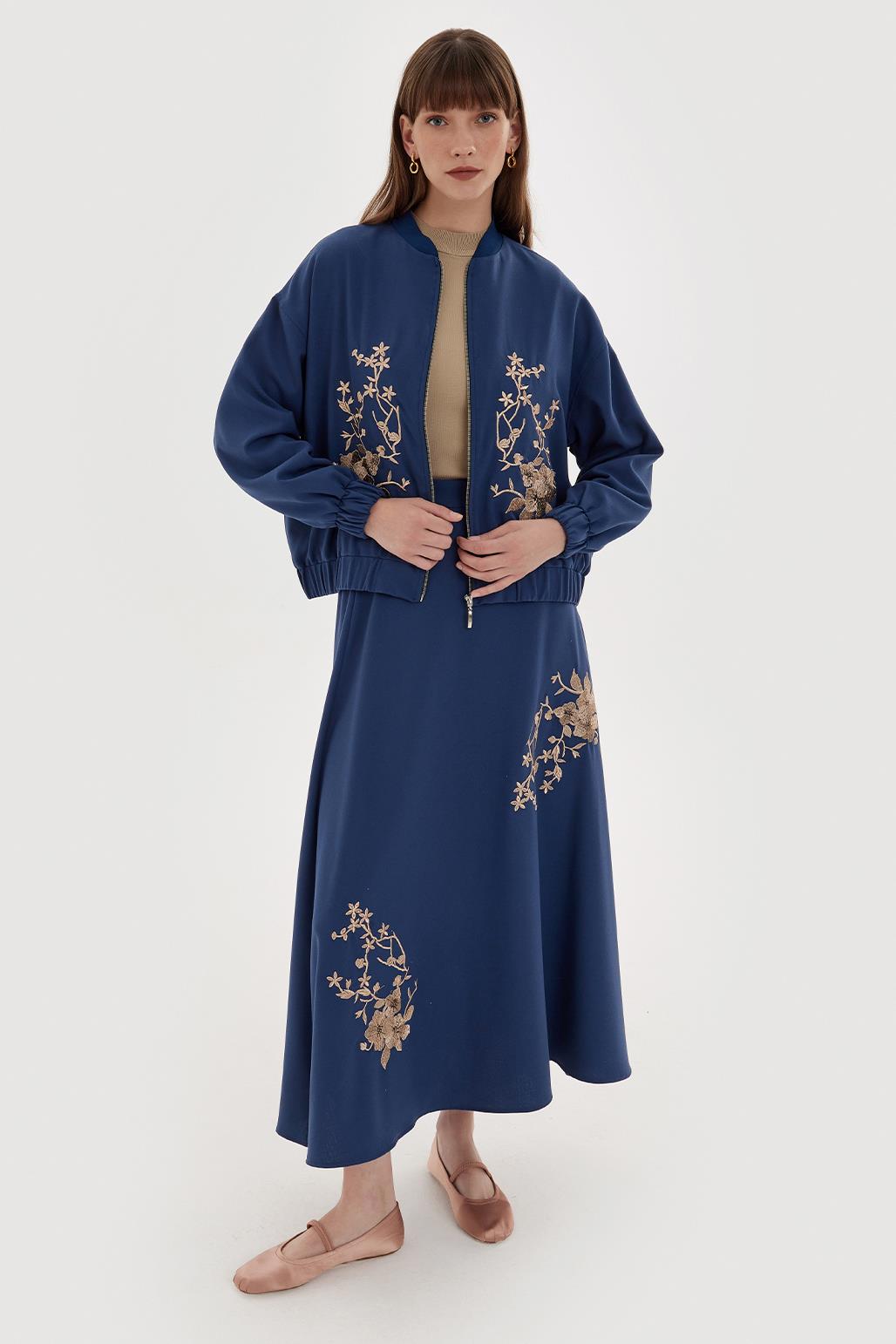 Embroidered Bomber Jacket and Skirt Set Midnight Blue