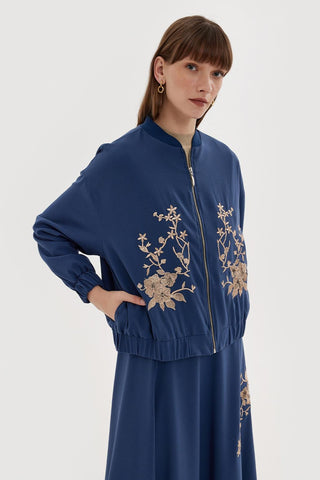 Embroidered Bomber Jacket and Skirt Set Midnight Blue