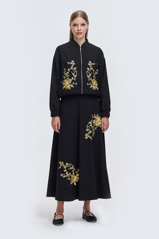 Embroidered Bomber Jacket and Skirt Set Black