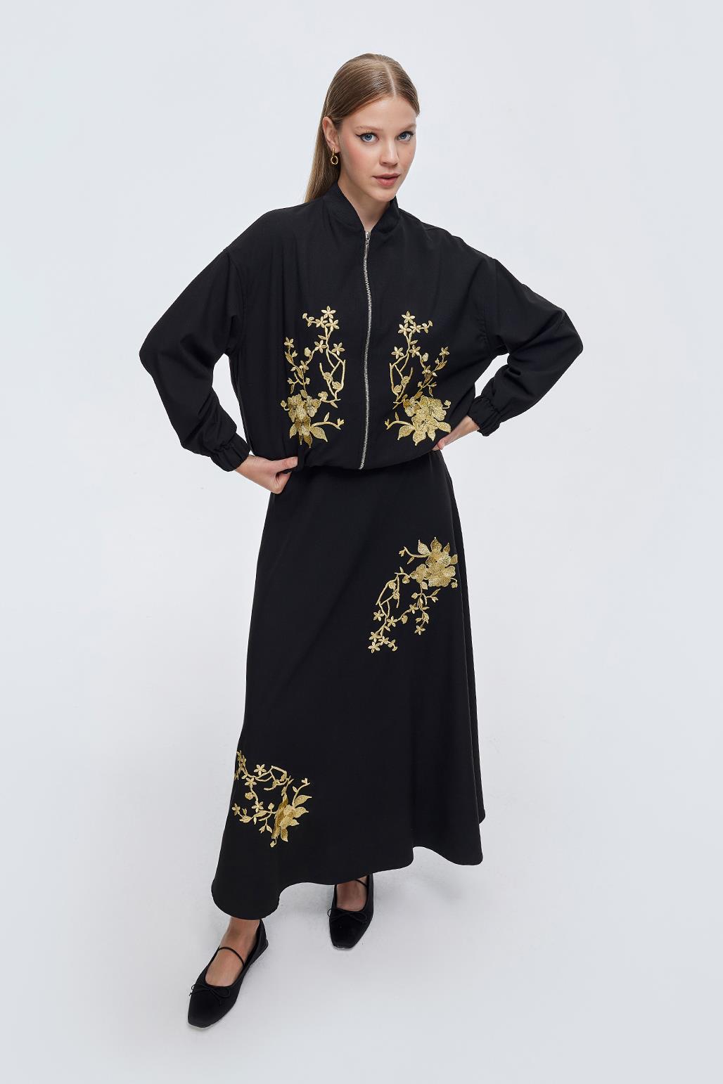 Embroidered Bomber Jacket and Skirt Set Black