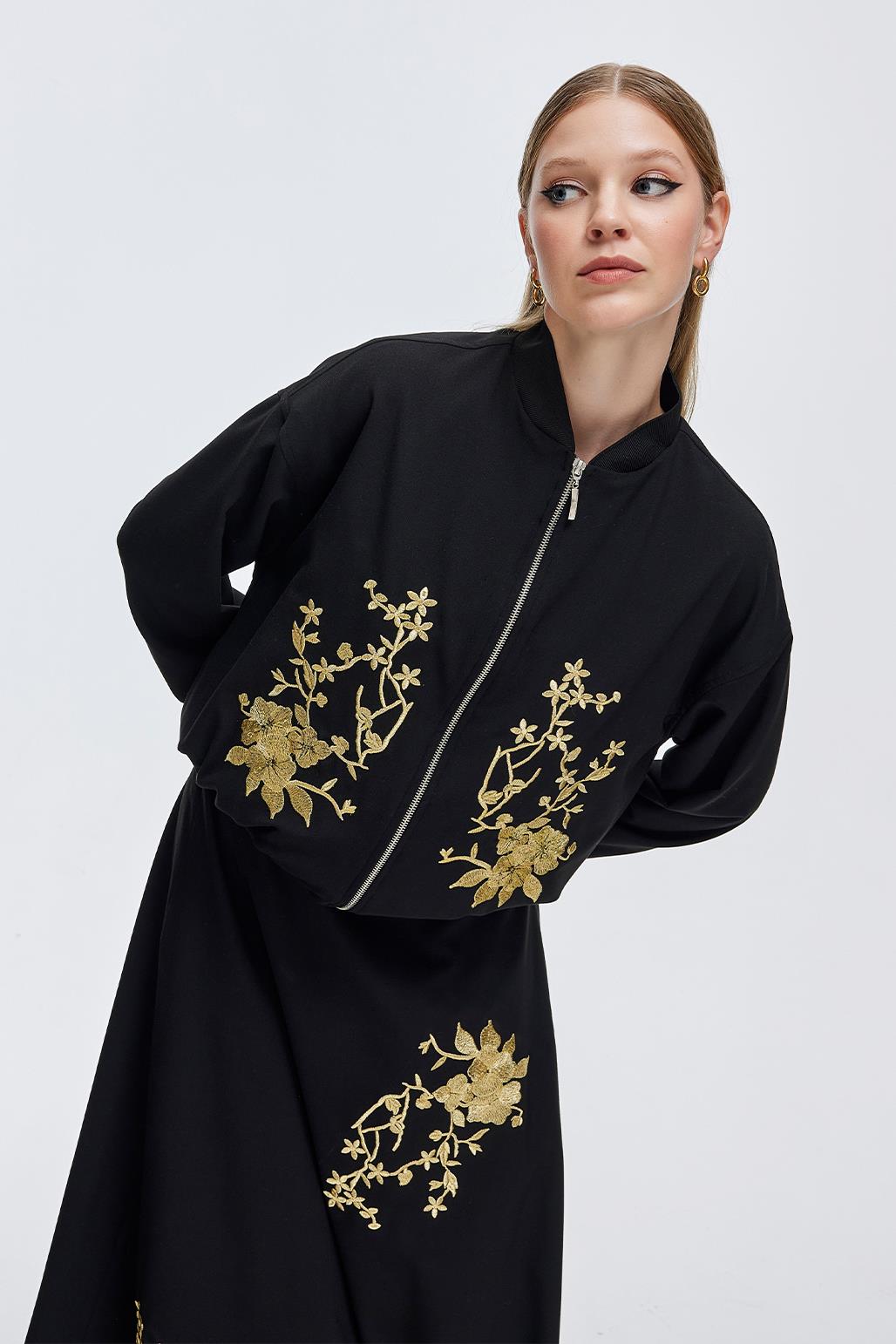 Embroidered Bomber Jacket and Skirt Set Black