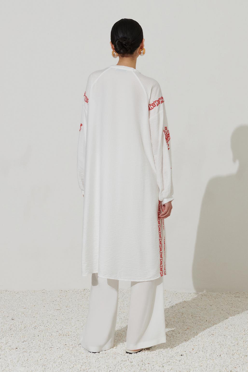 Embroidered Slit Detailed Linen Tunic Ecru