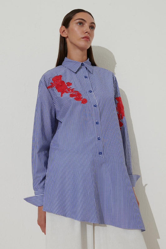 Floral Embroidered Striped Shirt Blue