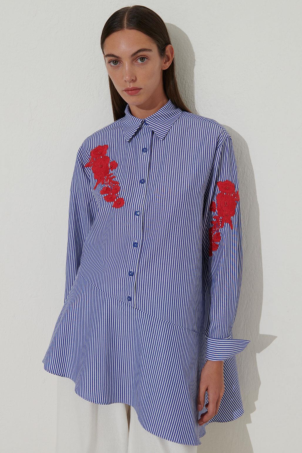 Floral Embroidered Striped Shirt Blue