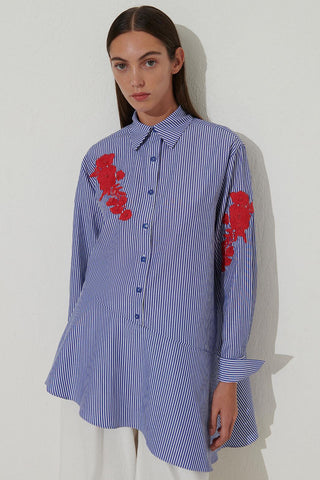 Floral Embroidered Striped Shirt Blue