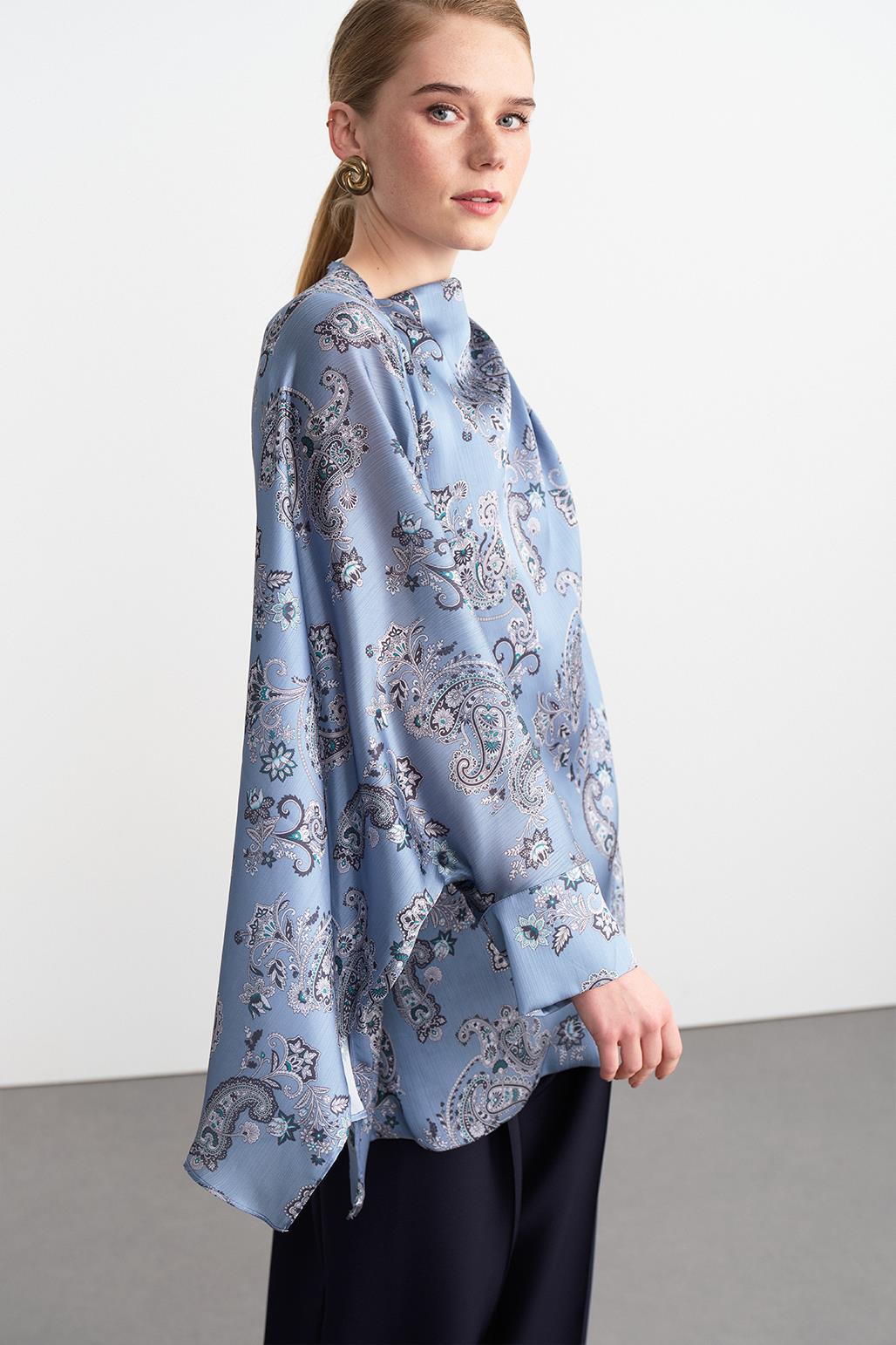 Navi Patterned Asymmetric Shirt Blue