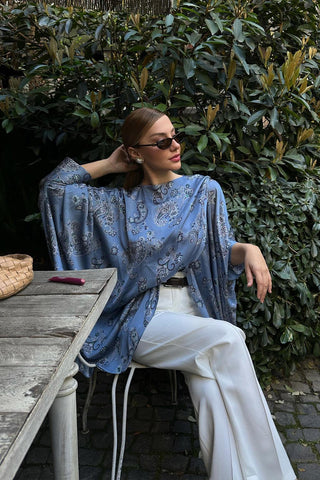 Navi Patterned Asymmetric Shirt Blue