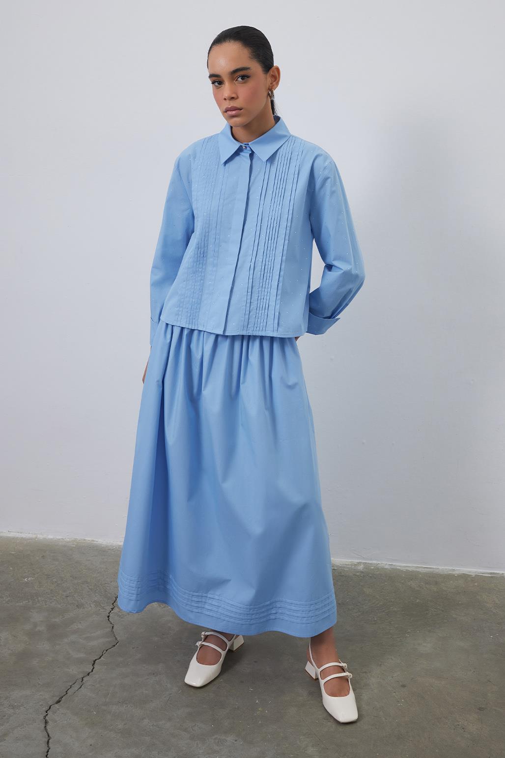 Ribbed Stone Shirt Skirt Set Ocean Blue