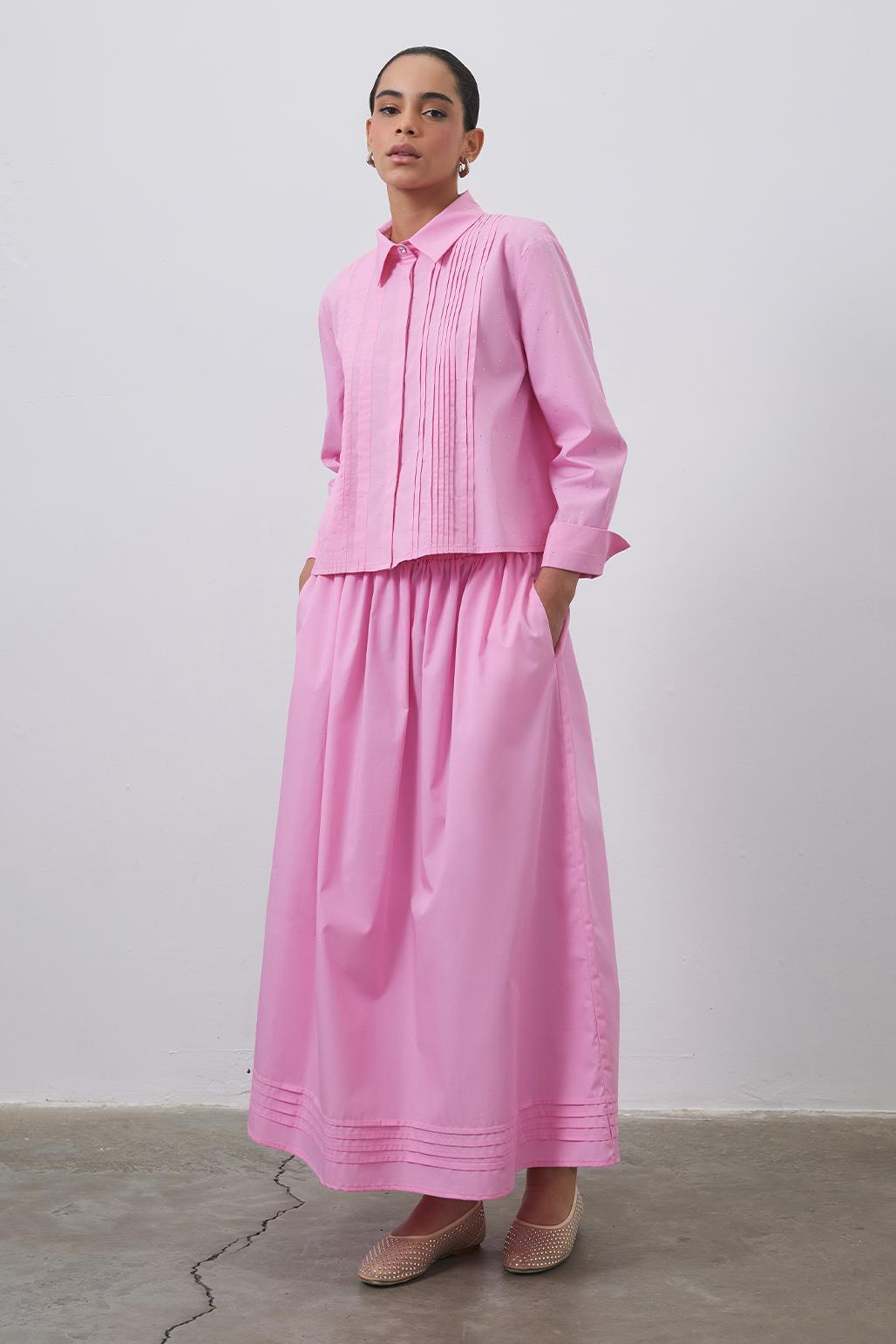 Ribbed Stone Shirt Skirt Set Pink