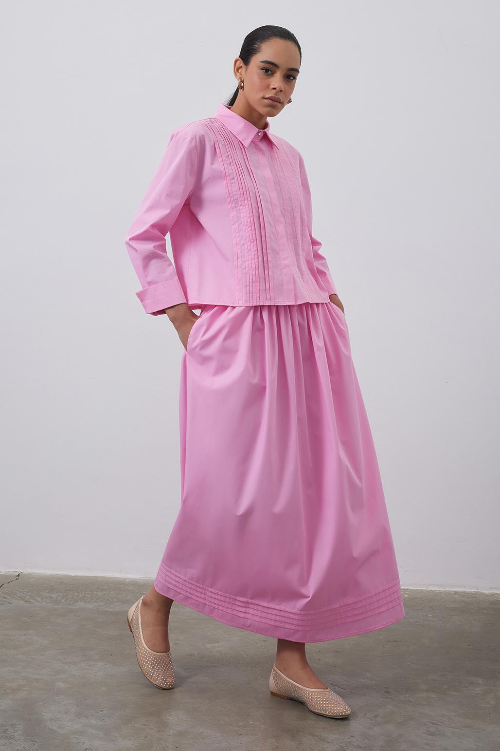 Ribbed Stone Shirt Skirt Set Pink