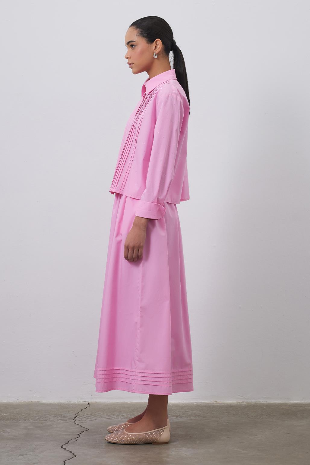 Ribbed Stone Shirt Skirt Set Pink